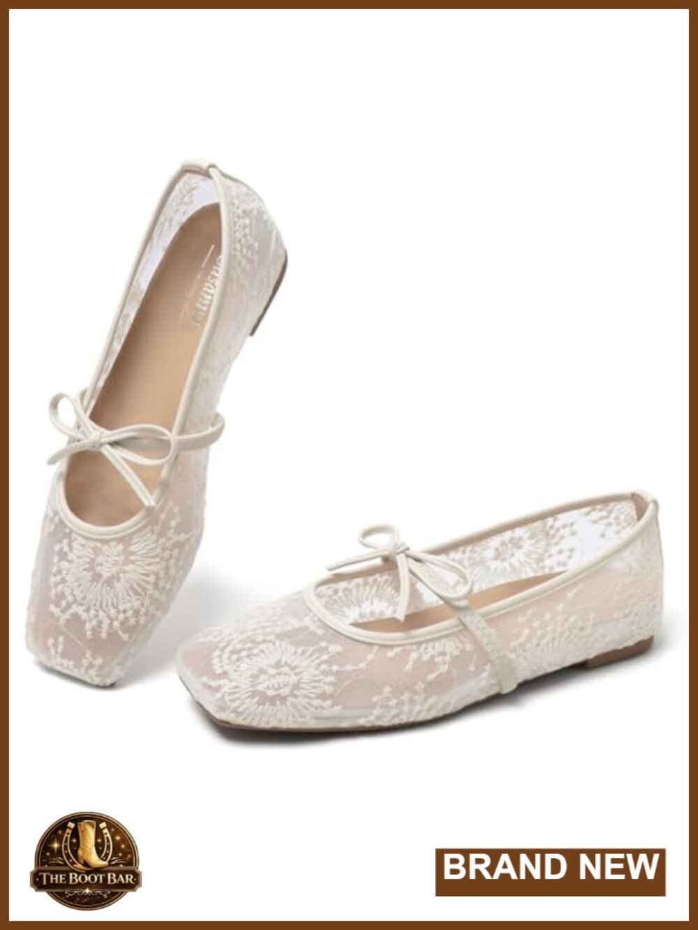 Women's Lace Square Toe Ballet Flats with Bow Strap Mary Jane Shoes